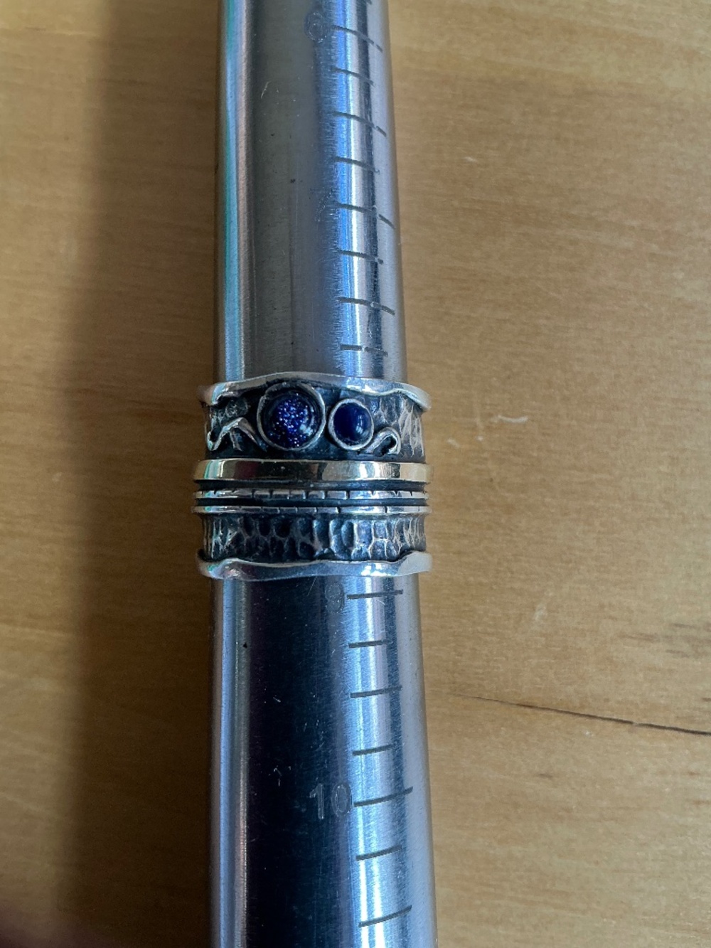Artisan Mixed metal Silver & Brass accent deep blue lapis wide Band Ring Sz 8
